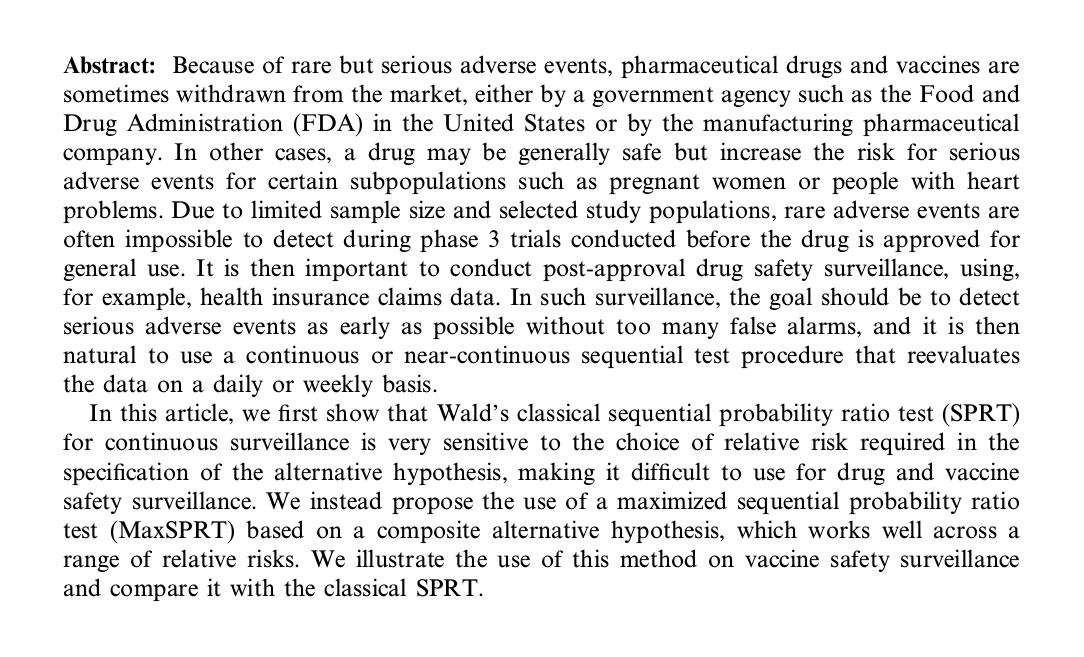 LGcommaI's tweet photo. #KulldorffDavisKolczakEtAl-1
[#AppliedMathematics
#PramanikJohnsonBhattacharya
#WaldSequentialTests]

"Sequential Analysis 30, 58–78 (2011)

A Maximized #SequentialProbabilityRatioTest for Drug and #Vaccine[-]#Safety[-]#Surveillance

Martin Kulldorff (#Harvard Medical School)

> https://t.co/zZVfOY5qK3