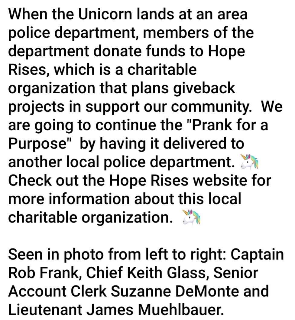 NTPoliceDept's tweet photo. The Hope Rises "Prank for a Purpose" Unicorn has arrived at the North Tonawanda Police Department from our friends at the Lockport Police Department.
https://t.co/kJyEJorfTv #LockportPD #hoperises #prankforapurpose https://t.co/1o7oKn627y