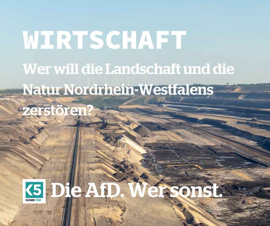 In ihrem #Wahlprogramm zu #ltwnrw lehnt die #noAfd das Aufstellen von Windrädern aus ästhetischen Gründen ab, will aber Tagebergbau fördern. Damit misst sie mit zweierlei Maß und gefährdet unsere Zukunft. Was sie sonst zu #Klima und #Umweltschutz sagt: kleinerfuenf.de/de/blog/2022-0…