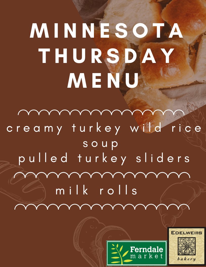 Laker Marketplace (@lakermarket) on Twitter photo We are so excited to partner with Edelweiss Bakery and Ferndale Market for our last MN Thursday of the year!  Homemade Creamy Turkey Wild Rice Soup or Pulled Turkey Sliders- both served with freshly baked Milk Rolls from Edelweiss Bakery-!!!! <a href="/PL_Edelweiss/">Edelweiss Bakery</a> <a href="/FerndaleMarket/">Ferndale Market</a> We are so excited to partner with Edelweiss Bakery and Ferndale Market for our last MN Thursday of the year!  Homemade Creamy Turkey Wild Rice Soup or Pulled Turkey Sliders- both served with freshly baked Milk Rolls from Edelweiss Bakery-!!!! <a href="/PL_Edelweiss/">Edelweiss Bakery</a> <a href="/FerndaleMarket/">Ferndale Market</a>