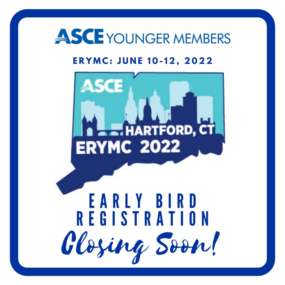 ASCE_YMS's tweet photo. Don't miss your chance on Early Bird Pricing for this year's ERYMC hosted in Hartford, Connecticut from June 10-12, 2022!
REGISTER today using the link in our bio!
#ThisIsASCE #ASCEMadeMe #ASCE #ERYMC2022 #ASCEYMF #CivilEngineering #Conference #Leadership https://t.co/kQPK3NynTw