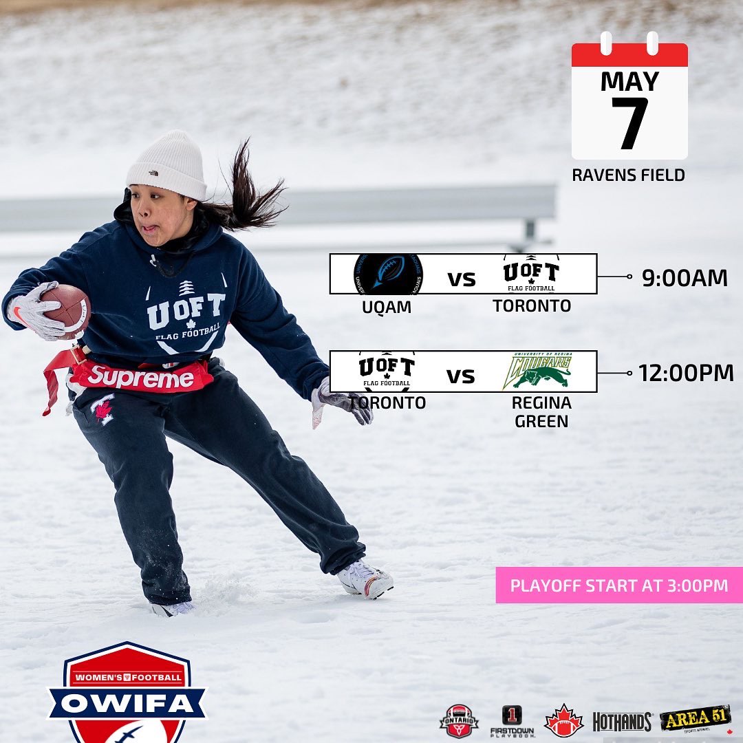owifafootball's tweet photo. Part 1 Schedule Drop: @UofTWFootball 

📸 @laurel_jarvis 

Get to know your OWIFA Team schedules at the Canadian Collegiate Flag Football Championship!

All the action live streamed and at Carleton University May6th and 7th!

#flagfootball https://t.co/P9nHy9dljM