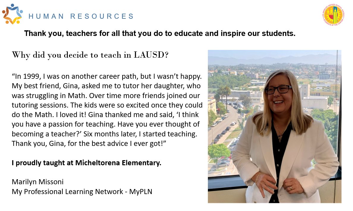 LAUSDHR's tweet photo. For Teacher Appreciation Week @LAUSDHR leadership is reflecting on why we chose to pursue a career in teaching. @LAUSDSup @lausd_ldc @LASchools @Jackie4LAkids
#TeachinLA #lausdhr #lausd #iBelieveInLAUSD #TeacherAppreciationWeek2022 https://t.co/5l2fG4c55X