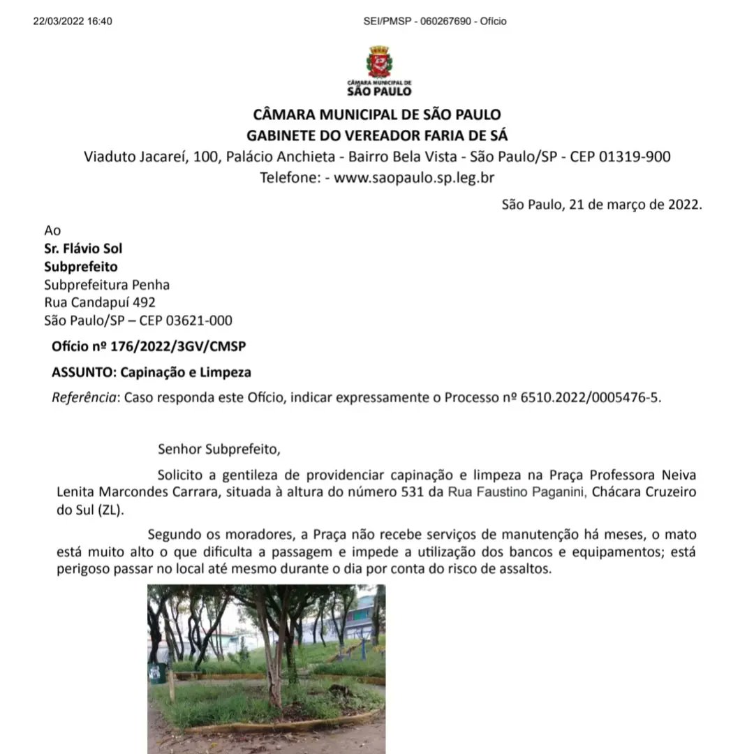 Coimbrajrc's tweet photo. Ofício: SEI/PMSP 060267690 
Gabinete Vereador Faria de Sá. 
Solicitamos Capinação e limpeza na Praça Professora Neiva Lenita Marcondes Carrara
Rua Faustino Paganini, alt. 531 - Chácara Cruzeiro do Sul. Zona Leste.  
Serviço executado Subprefeitura Penha https://t.co/PjUH0dx6kB