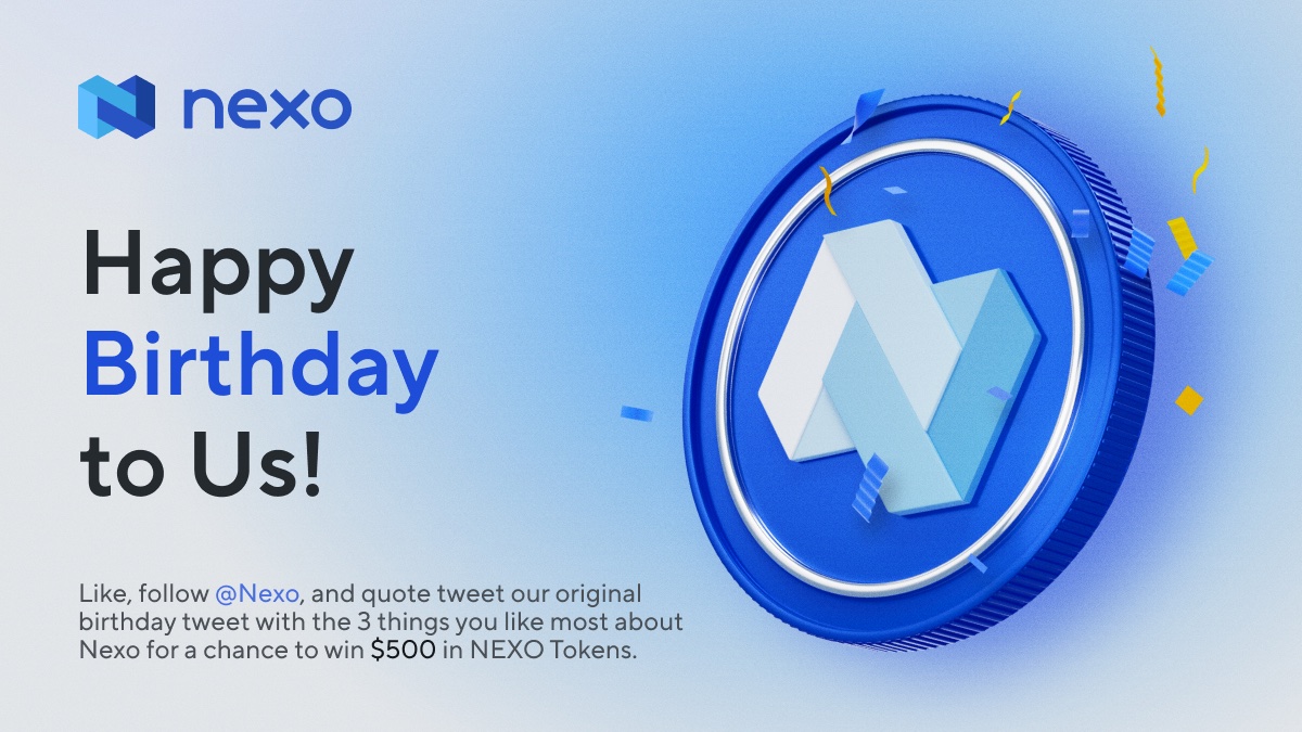 Birthday giveaway reminder. 🚨 

We'll split $10,000 in $NEXO between 20 winners. Here's what you have to do:

Follow <a href="/Nexo/">Nexo</a>
Like 💙, quote retweet 🔁 a little something and speak your heart (details in thread)
Keep your fingers crossed 🤞 1/2