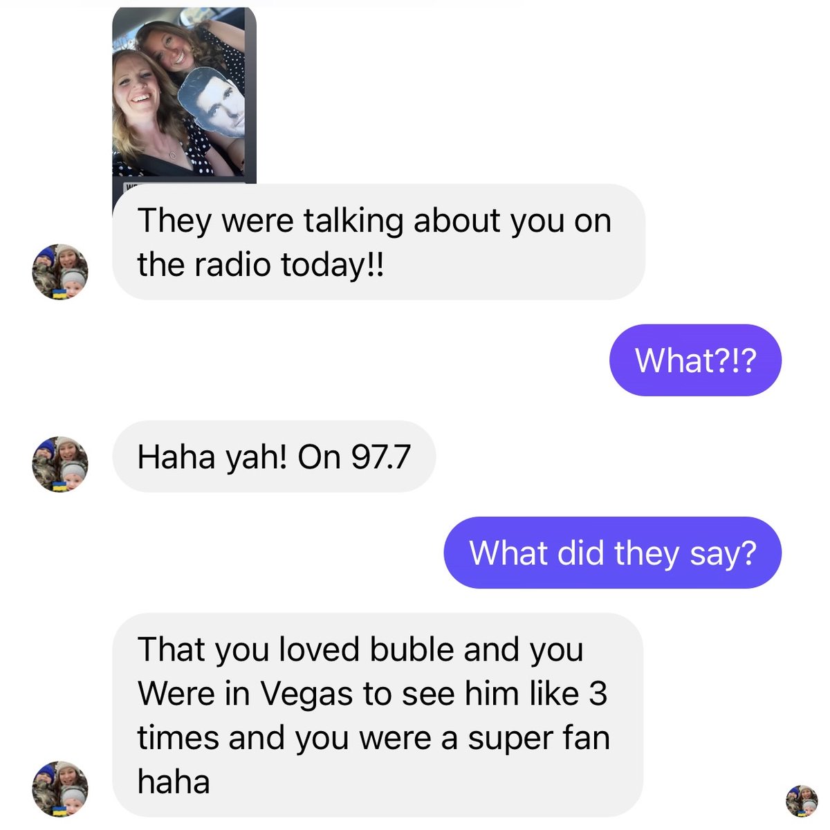 FmC977's tweet photo. How it started ➡️ How it’s going…

Yesterday, I mentioned that #977FamilyMember Alison was in Las Vegas to see @MichaelBuble for her birthday. Last night, he came down and serenaded her!

Love Grant https://t.co/lxy6DW73Mg