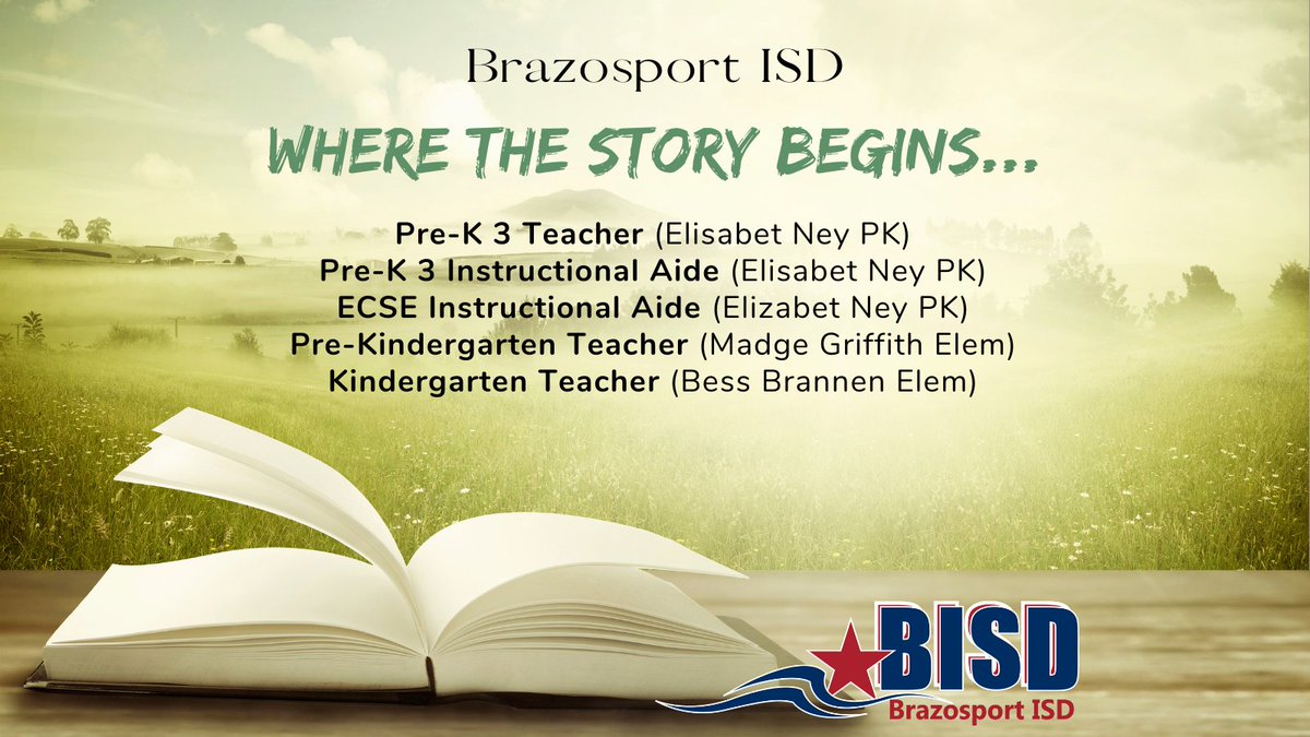 Our students' educational story begins in Pre-K and Kindergarten! Are you interested in being a part of their story? Check out the PK & Kinder openings below! Visit our website to view job details & apply! applitrack.com/brazosportisd/… #BISDpride #FromHereAnythingIsPossible