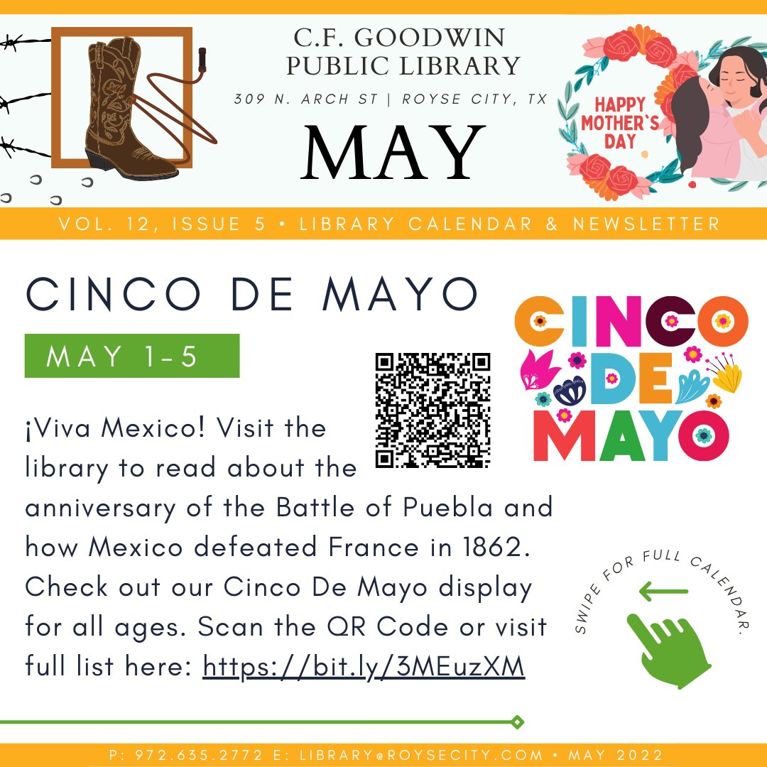 Happy Cinco de Mayo! 
¡Viva Mexico! Visit the library to read about the anniversary of the Battle of Puebla and how Mexico defeated France in 1862. 
Check out our Cinco De Mayo display for all ages. 
Scan the QR Code or visit full list here: bit.ly/3MEuzXM