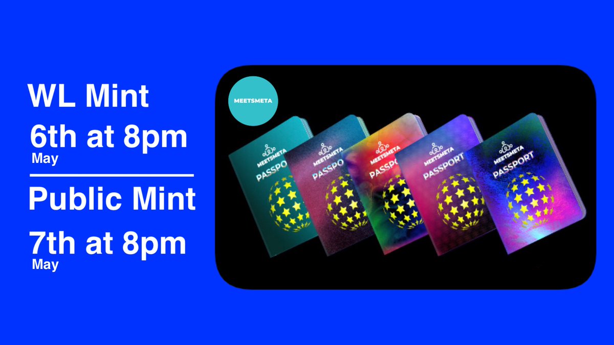 MeetsMeta 🛎Mint Date

Don’t forget your passport😎

You will be able to mint 3 per wallet, WL people can mint 3 on the pre sale and mint 3 on the public.

✅- Whitelist mint price : 0.11 ETH
✅- Public mint price : 0.16 ETH

Source found by <a href="/Meetsmeta/">MeetsMeta</a> Discord Server
