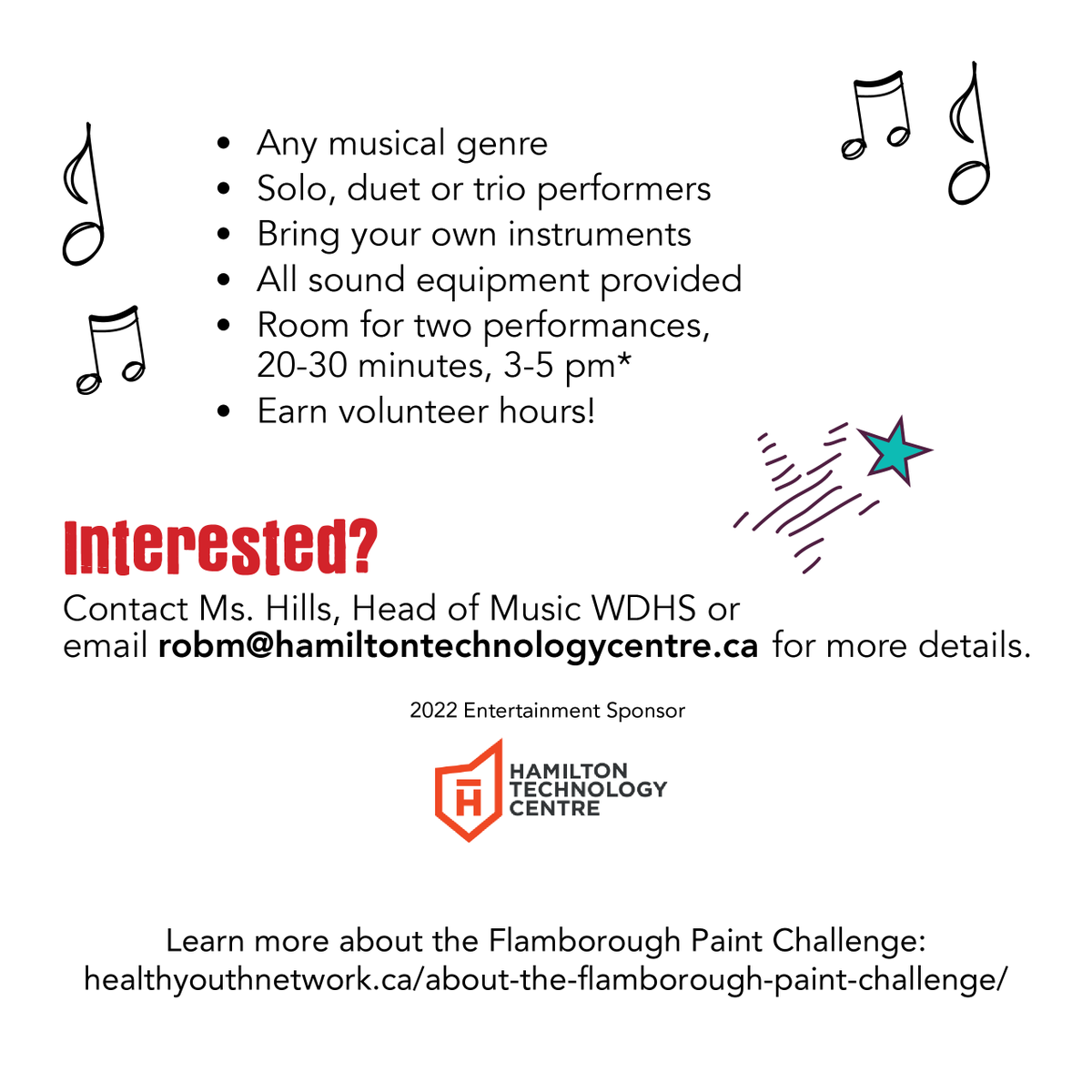 HealthyYouthNe1's tweet image. We’re looking for student performers for our Paint Challenge! 🥁 A great way to showcase your talents and passion for music and get some experience in front of an audience! 👏
Talk to Ms. Hills, Head of Music at WDHS, or email robm@hamiltontechnology.ca for more details 🎤