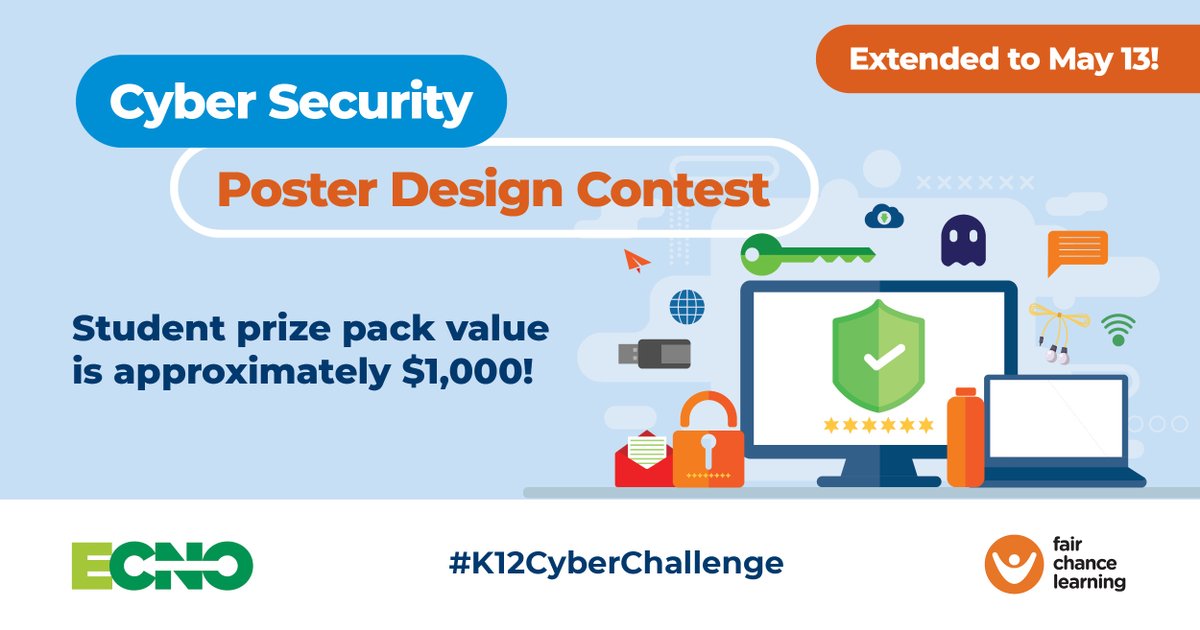 GREAT NEWS! We've EXTENDED the Cyber Security Poster Challenge to MAY 13! The prizes are so good, we don't want anyone to miss out. Get your submissions in for a chance at our awesome student AND teacher prize packs! <a href="/FCLEdu/">Fair Chance Learning</a> ow.ly/guoe50J0CCX