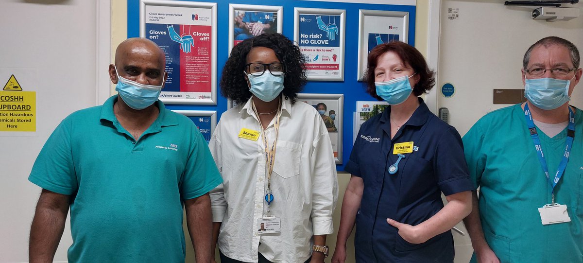 Shazzanja's tweet photo. With the amazing team at New Epsom and Ewell Community Hospital, promoting the appropriate use of gloves #GAW22 and celebrating whilst promoting hand hygiene on World Hand Hygiene Day #Handhygieneday2022 https://t.co/F5fgcnoq3p