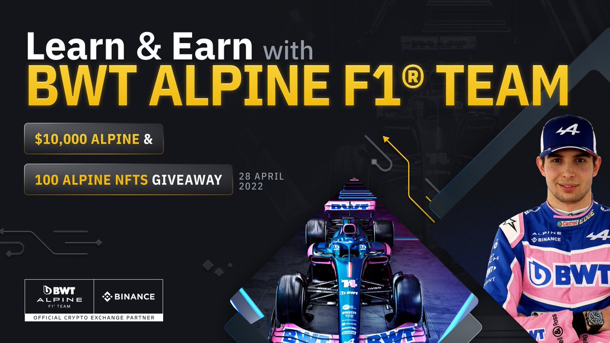 binance's tweet photo. Learn about the #Binance x BWT @AlpineF1Team partnership and stand a chance to win $10,000 $ALPINE Fan Tokens or 100 ALPINE NFTs!

Start L-earning ➡️ https://t.co/tASdJz1BnB https://t.co/idFgyBDSAK