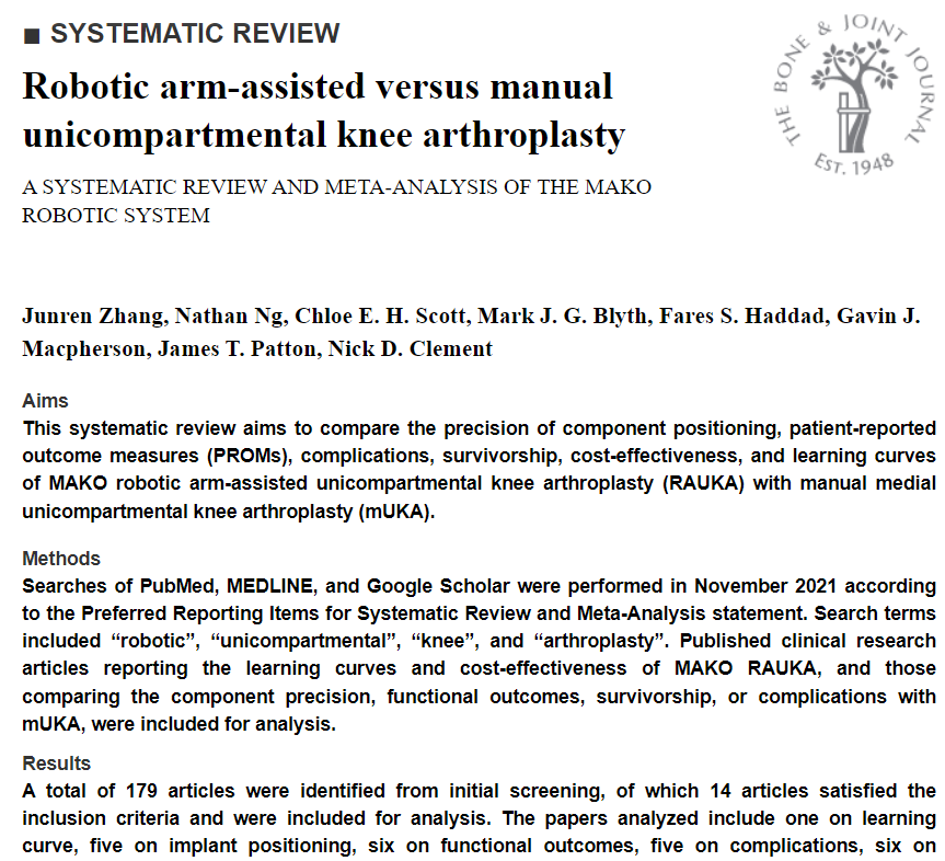 BoneJointJ's tweet photo. MAKO RAUKA was associated with improved precision of component positioning but was not associated with improved PROMs using the KSS and WOMAC scores.

#arthroplasty #ortho

https://t.co/J1JLrlONPN https://t.co/xbtXU2RdMO