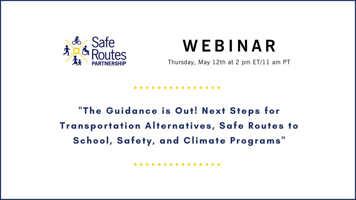 SafeRoutesNow's tweet photo. There's still time to register for tomorrow's federal policy webinar "The Guidance is Out! Next Steps for Transportation Alternatives, Safe Routes to School, Safety, &amp; Climate Programs." May 12th at 2 pm ET/11 am PT. Register at https://t.co/6p8QXyWTMp #SafeRoutes #ActivePeople https://t.co/SpW61RUx0d