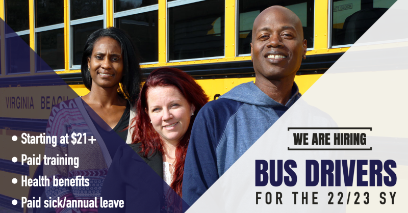 VBCPS_HR's tweet photo. We are hiring bus drivers for the 22/23 SY!

• Wages starting at $21/hr.
• Paid training
• Health benefits
• Paid sick/annual leave
• $3,000 hiring incentive for fully benefited drivers