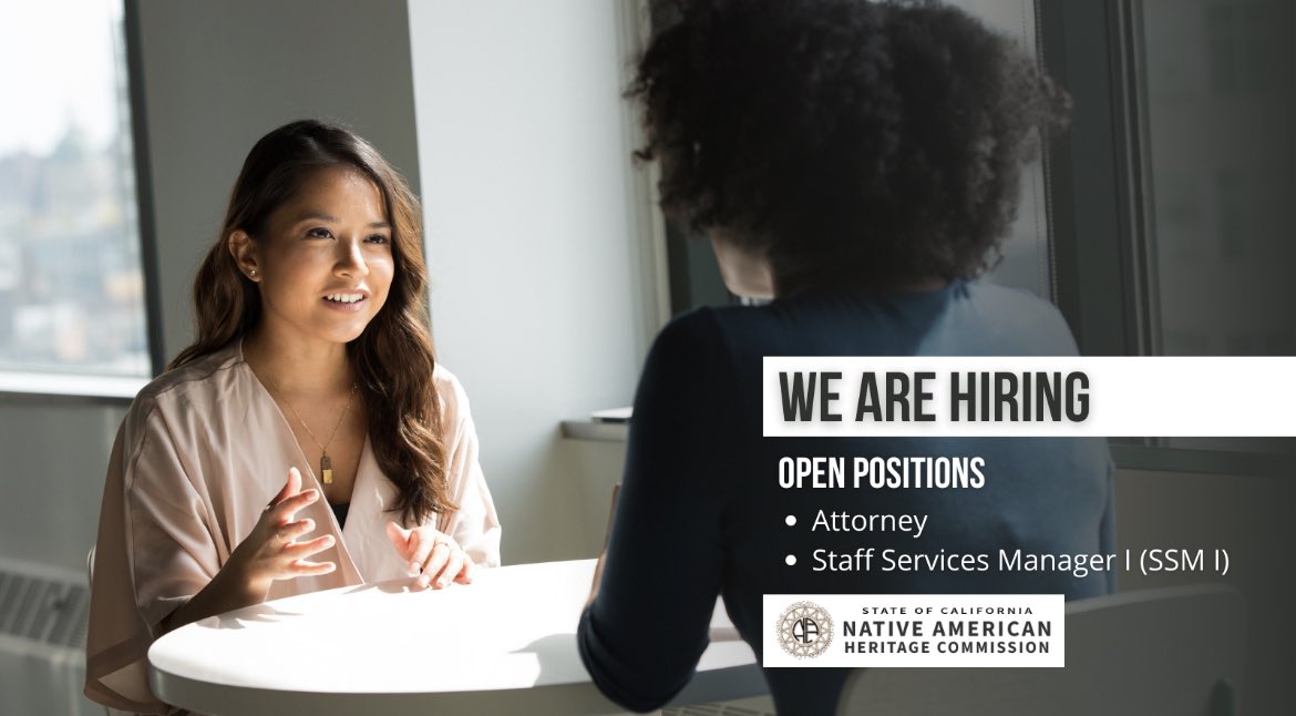 CalNatResources's tweet photo. Join the @CA_NAHC team! Open positions as Attorney and Staff Services Manager I (SSM I) (Specialist) are posted here: https://t.co/ciJ1ulplgm https://t.co/ri8fyXaakh