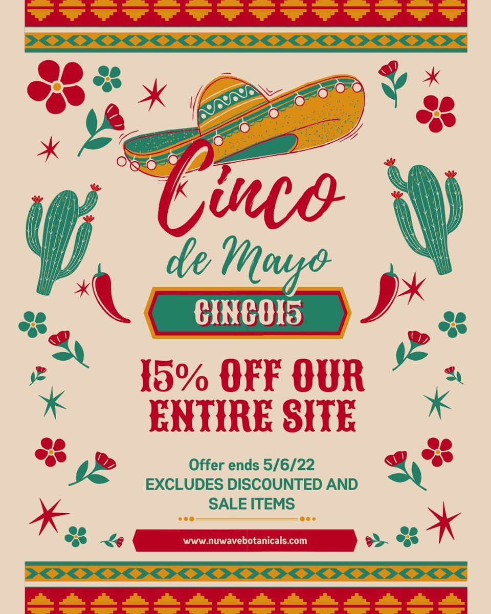NuWaveBotanica1's tweet photo. There's still time to celebrate! Get 15% OFF on our entire site! Use code CINCO15 and "celebra este #CincodeMayo!" 
🌐 https://t.co/2vD6oRvG3t https://t.co/Jt41efhiVj