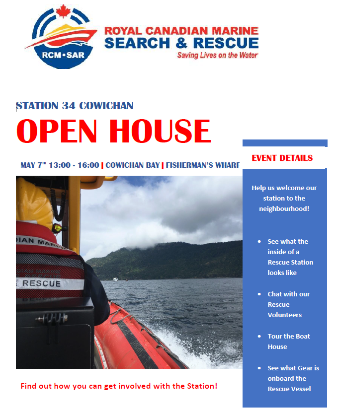 RCMSAR34's tweet photo. We are hosting an open house for our station this Saturday May 7th! We are very excited to welcome our community to view the ready room and boat house. The open house  will include guided tours with opportunity to hop on the boat and chat with our rescue volunteers. https://t.co/FekDiK5T5k