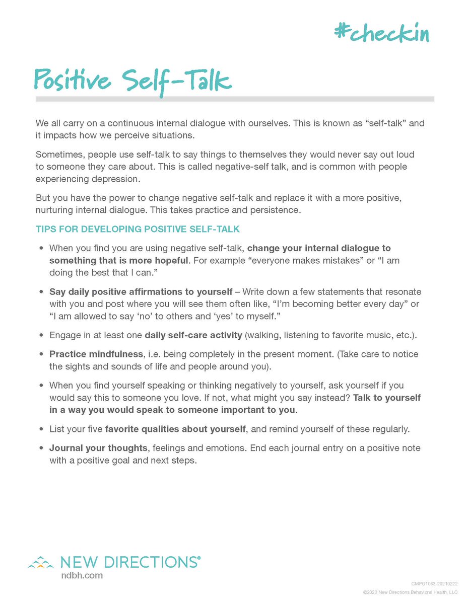 You have the power to change your internal dialogue. Swap negative thoughts for positive self-talk. Remind yourself, “Today, I am doing the best that I can.”  #CheckIn on your mental health.
ndbh.com/Content/Images…