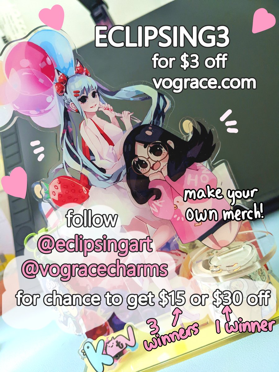 eclipsingart's tweet photo. Hi friendos~ Want to make your own charms, stickers, pins? Use discount code ECLIPSING3 on Vograce (valid for a month)! I'm also raffling $15 and $30 coupons. Just follow both me and @VograceCharms  and comment, like, or rt!  Ends May 20 https://t.co/Fh5b7n1TVE