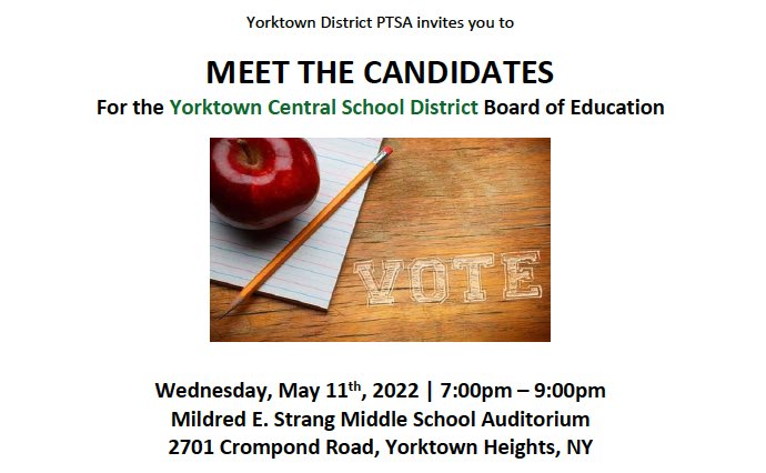 YHSPTSA's tweet photo. Meet the Candidates for YCSD BOE!   Please email questions for the candidates in advance to yorktowncouncilpta@gmail.com by Sunday, May 8. ⁦@YHSDeGennaro⁩ https://t.co/yaW9n9TZBA