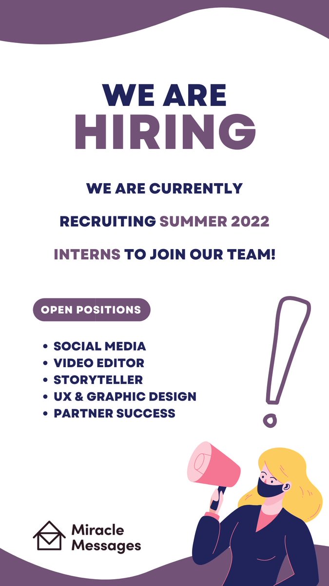 MiracleMessages's tweet image. Our Summer 2022 internship applications are closing SOON! 👀💜

Apply here: miraclemessages.org/join