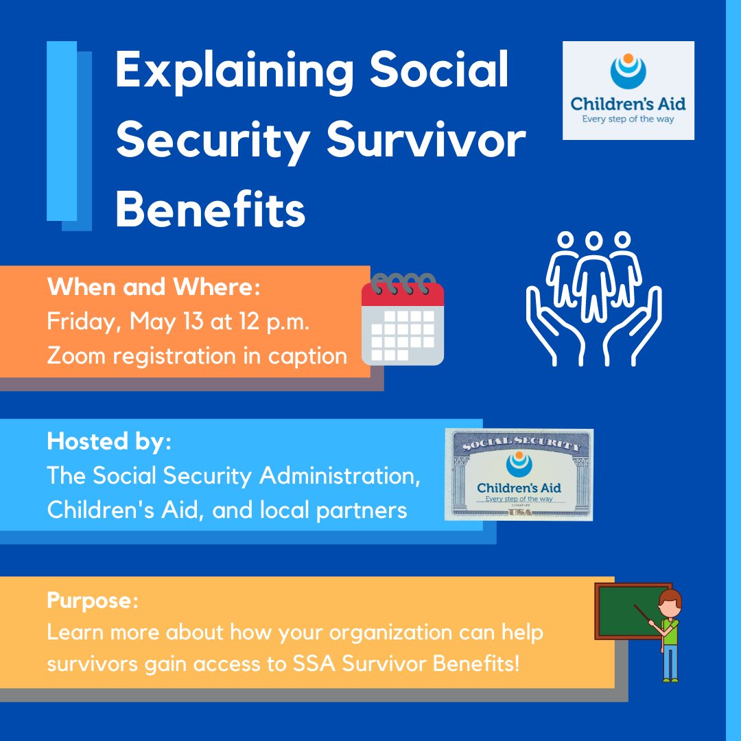 Bronx_Impact's tweet photo. Join @SocialSecurity, @ChildrensAidNYC, and local partners to learn more about how your organization can help survivors gain access to SSA Survivor Benefits! This presentation will be held via Zoom on Friday, May 13th at 12 p.m. Register: https://t.co/Fe1W8idNNV https://t.co/E8vKYfW4vR