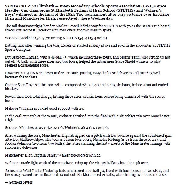 wolmersdotinfo's tweet photo. ISSA T-20 National Final
#WOLMERSCRICKET @ #STETHS
Tentatively: Wed. May 11, 2022
Wolmer's def. Manchester (6 wickets)
STETHS def. Excelsior (6 wickets) https://t.co/aiVTFok9nU