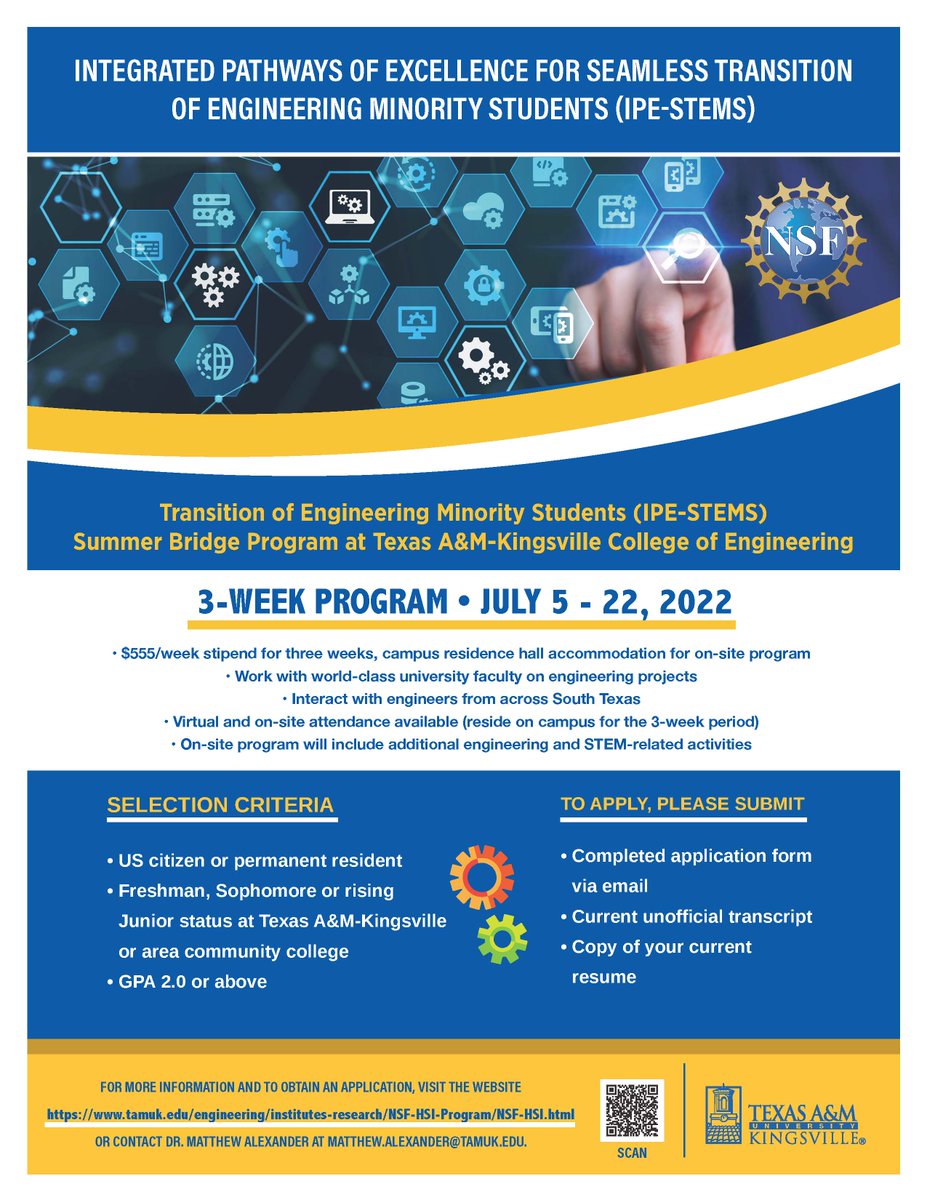 TAMUKEngineer's tweet photo. IPE-STEMS Summer Bridge Program  💻

- $555/week stipend for 3 weeks
- Conduct research project virtually/in-person

For more information email: matthew.alexander@tamuk.edu 
Phone: 361-593-4552

 #summer  #research #Engineering #JavelinaNation https://t.co/4qZnvUUFjE