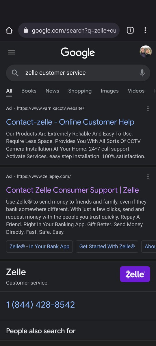 SLiC3GuY's tweet photo. @Zelle looks like @Google is promoting a phishing scam for your services, fyi https://t.co/lG8CPIZjU6