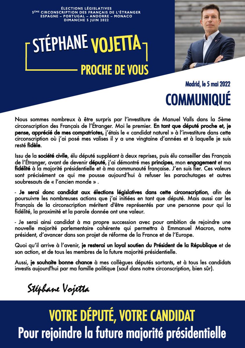 StephaneVojetta's tweet image. L'investiture de M. Valls dans la circonscription dont je suis député #LAREM va à l'encontre de mes valeurs. Je serai donc candidat à ma propre succession, mais toujours en soutien de @EmmanuelMacron. Bonne chance aux autres candidats investis.
MON COMMUNIQUÉ ⤵️
#legislatives2022