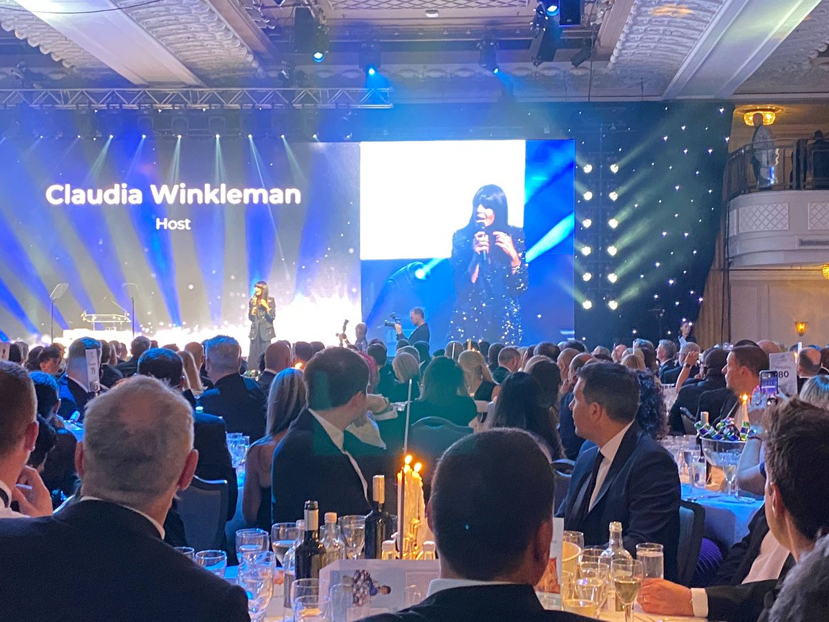 hyperjar's tweet photo. Table-eye view of THE @ClaudiaWinkle hosting @TCPAwards tonight - team #HyperJar confirming glossy locks and funny jokes. 🙌🙌 #TCPA22 https://t.co/nFXRXLKKvx
