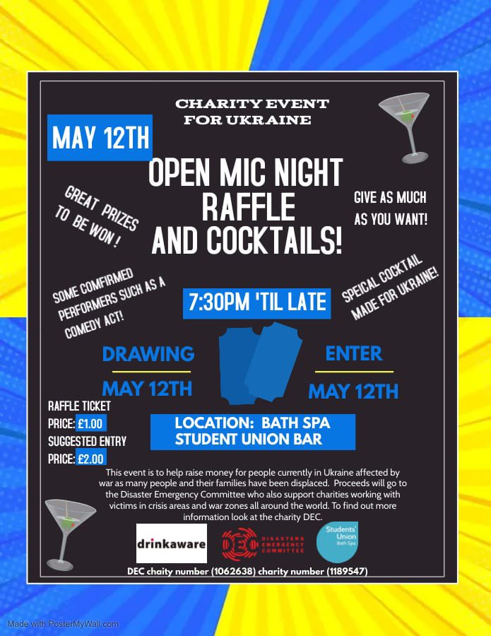 Sarah Flavel (@flavelsarah) on Twitter photo Please retweet to spread the word. Students at BSU are running a fundraiser for the #DEC in order to support relief efforts in #Ukraine and other crisis areas. Students and staff are encouraged to join and support! Thurs 12th May at 7.30pm <a href="/bathspasu/">Bath Spa Students' Union</a> Amazing Raffle Prizes!! Please retweet to spread the word. Students at BSU are running a fundraiser for the #DEC in order to support relief efforts in #Ukraine and other crisis areas. Students and staff are encouraged to join and support! Thurs 12th May at 7.30pm <a href="/bathspasu/">Bath Spa Students' Union</a> Amazing Raffle Prizes!!