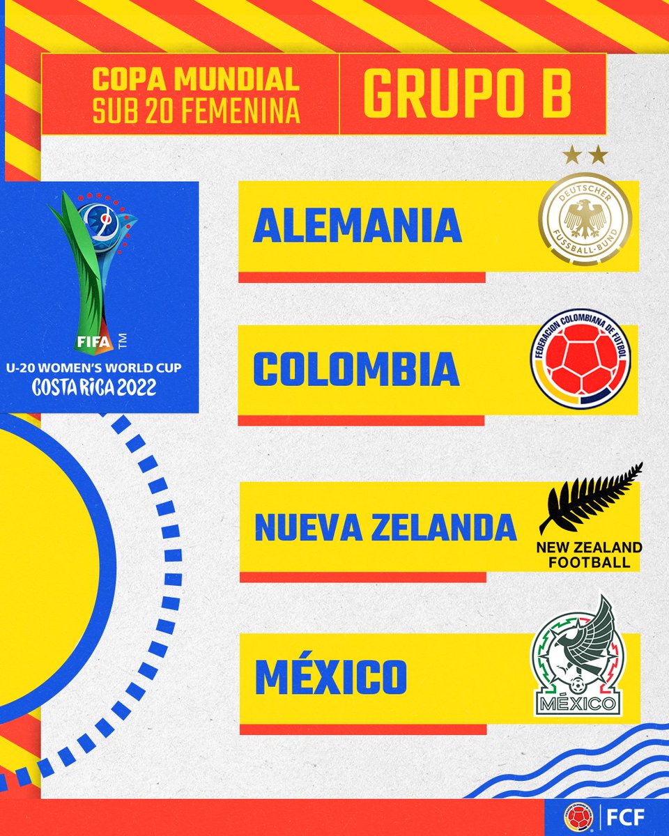 Se sortearon los grupos de la Copa Mundial de la FIFA Femenina Sub 20 Costa Rica 2022. Nuestra Selección estará en el grupo B junto a:

🇩🇪 Alemania
🇳🇿 Nueva Zelanda
🇲🇽 México

#VamosColombia🇨🇴