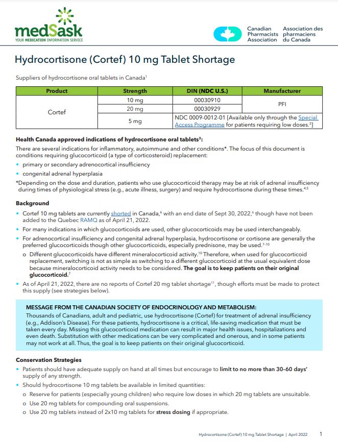 DRUG SHORTAGE: Important message about a shortage of hydrocortisone 10 mg (Tier 3) and fludrocortisone 0.1 mg tablets. Read these documents  for ideas to conserve existing supplies.

Hydrocortisone:medsask.usask.ca/documents/drug…

Fludrocortisone:medsask.usask.ca/documents/drug…