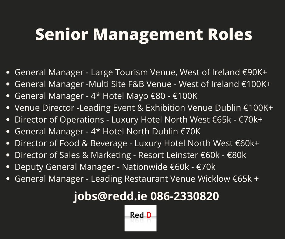 RedDRecruitment's tweet photo. Fantastic opportunities for Senior Hospitality Managers
#hotelmanagement #generalmanager #venuemanager #DirectorOfOperations #directoroffoodandbeverage #RestaurantGeneralManager #DirectorofSales #VenueDirector #eventmanagement #reddjobs #redd #Ireland https://t.co/CLffzQkAm5