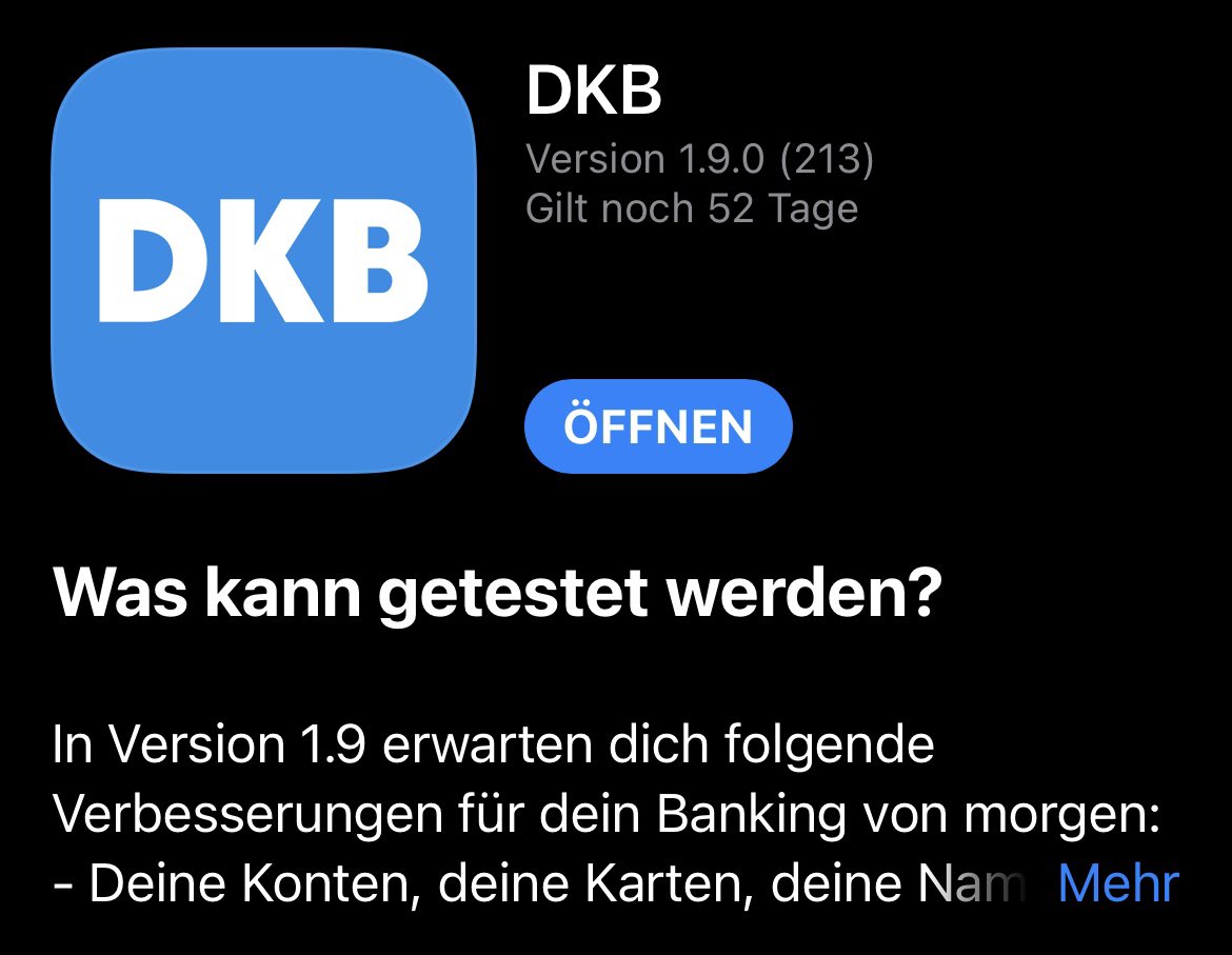 burnzii's tweet photo. @DKB_RegTech @DKB_Support @DKB_de 
Wann gibt es eigentlich eine neue Beta Version für iOS? Die aktuelle läuft bald ab: https://t.co/cntiyJ7OzX