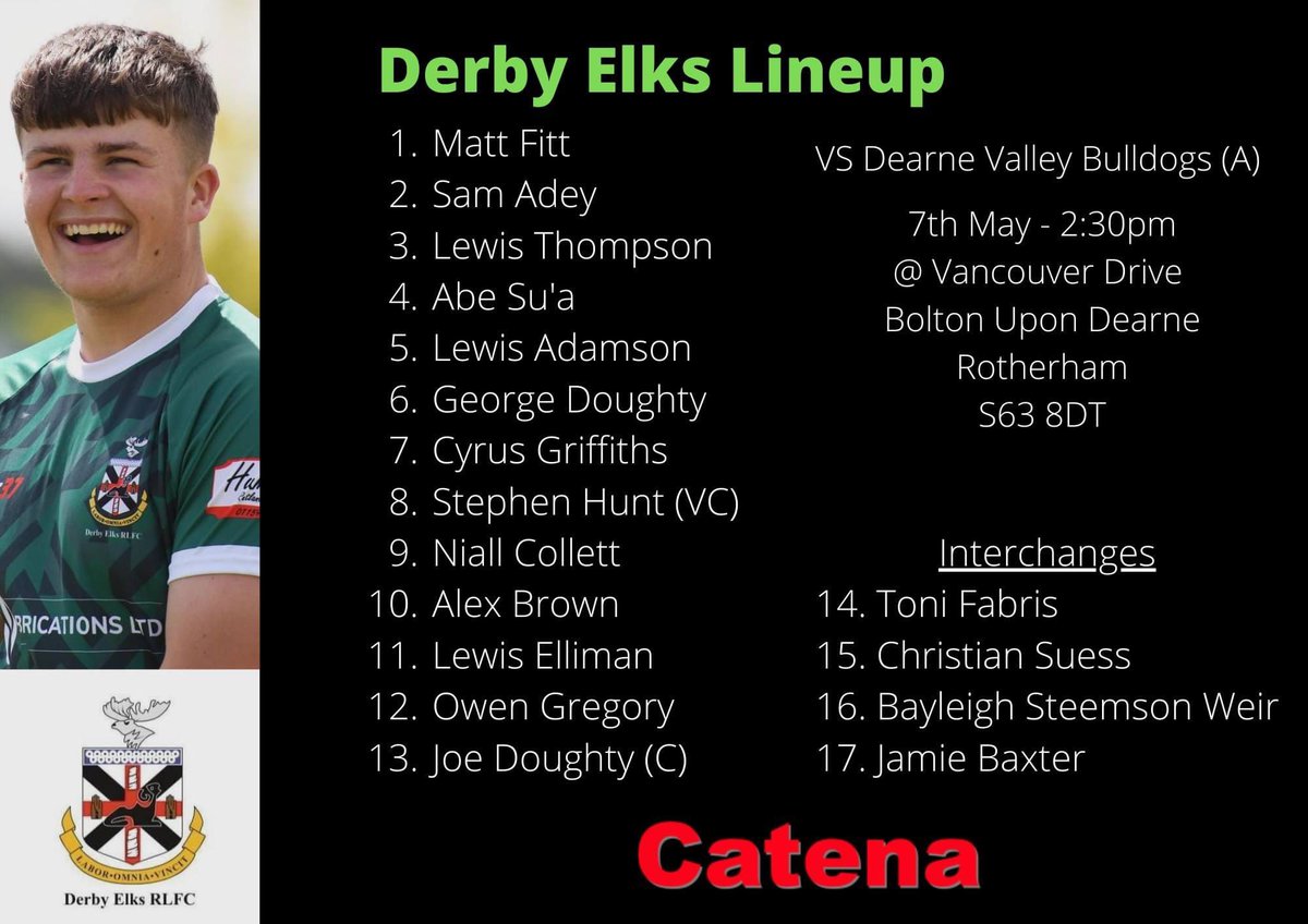 Derby Elks Team News!

This is how your Elks will line up for our opening game of the season! 🔥

We’d love to see your support on Saturday as we head on the road! 🟢🟢🟢