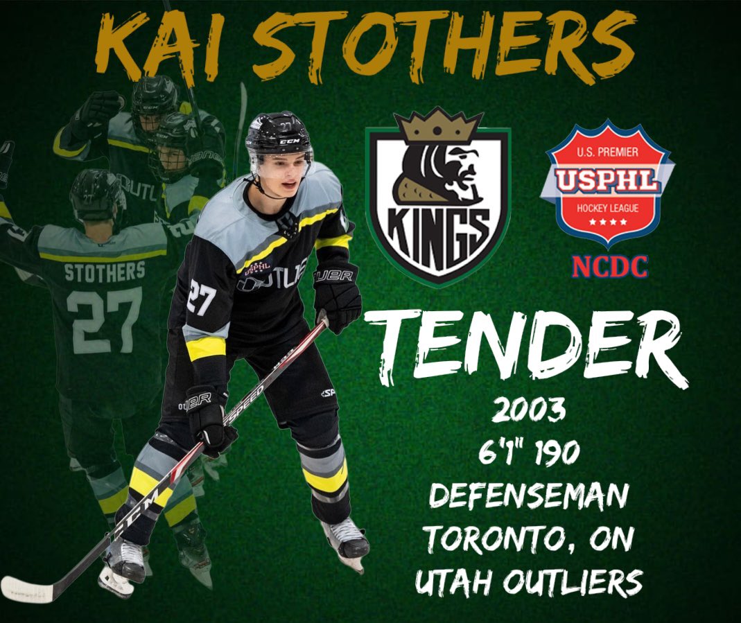 SSK_Hockey's tweet photo. The South Shore Kings have signed ‘03 Defenseman Kai Stothers to an NCDC Tender Agreement for the 2022-2023 season! Stothers, a native of Toronto, Ontario spent this past season playing for the Utah Outliers! Welcome to the Kings, Kai! https://t.co/tVJK8Zhrzu