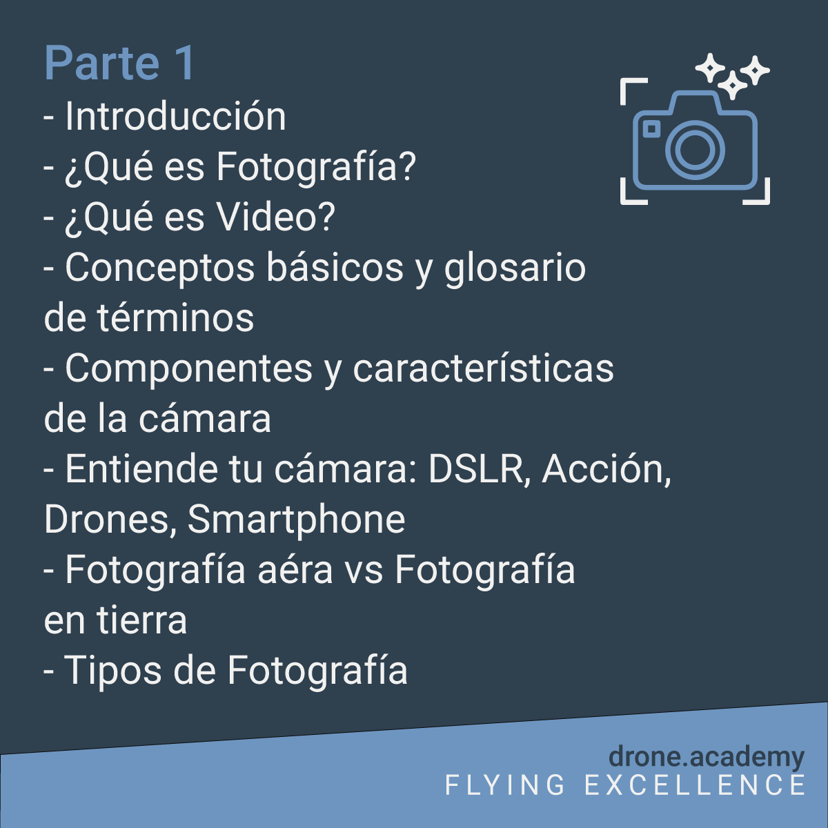 DronesAcademy's tweet photo. ¿Qué es lo que veremos en nuestro #Curso de #Fotografía y Video con #Drones? 📸🚁 - Primera parte. https://t.co/KuM9uGr83k