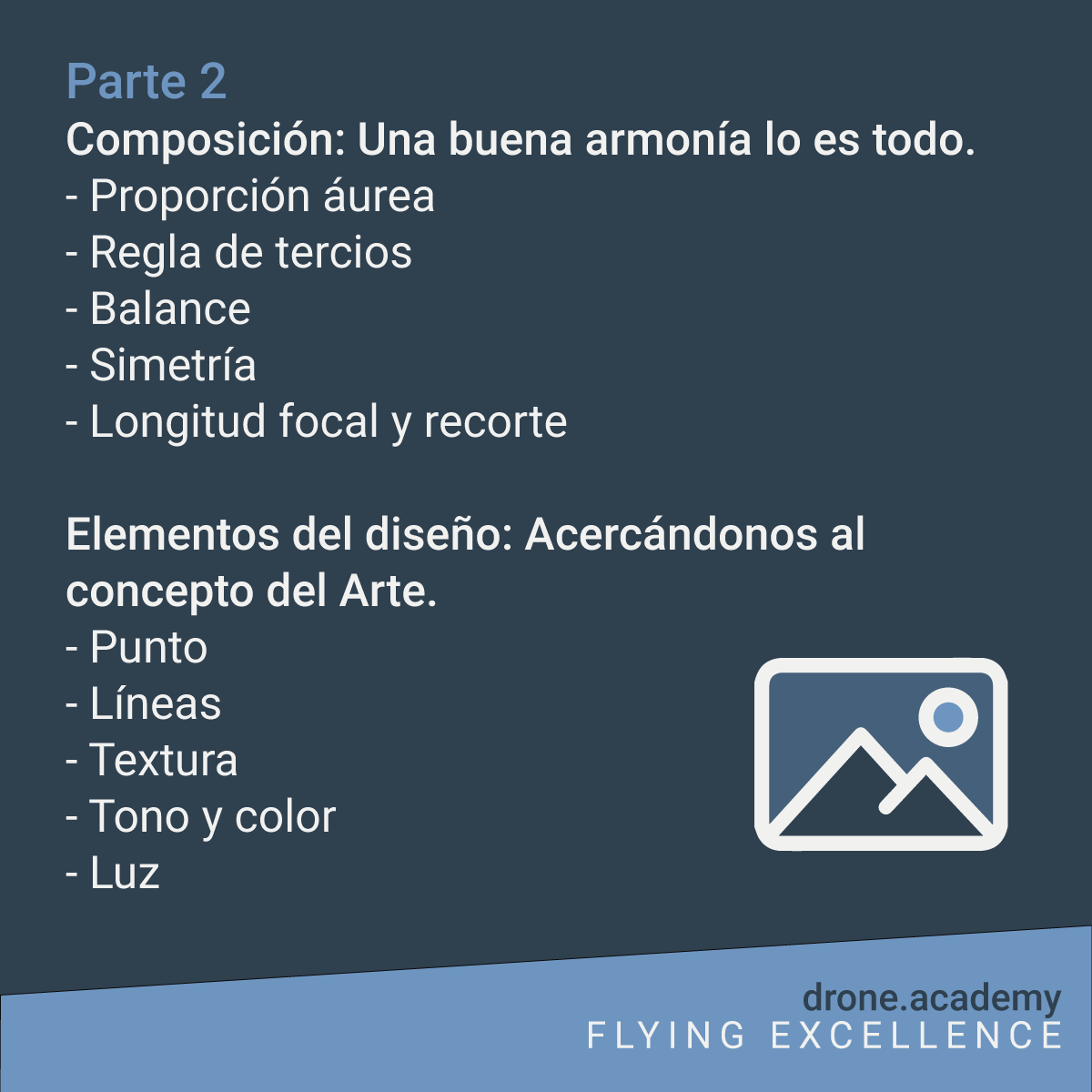 DronesAcademy's tweet photo. ¿Qué es lo que veremos en nuestro #Curso de #Fotografía y Video con #Drones? 📸🚁 - Primera parte. https://t.co/KuM9uGr83k