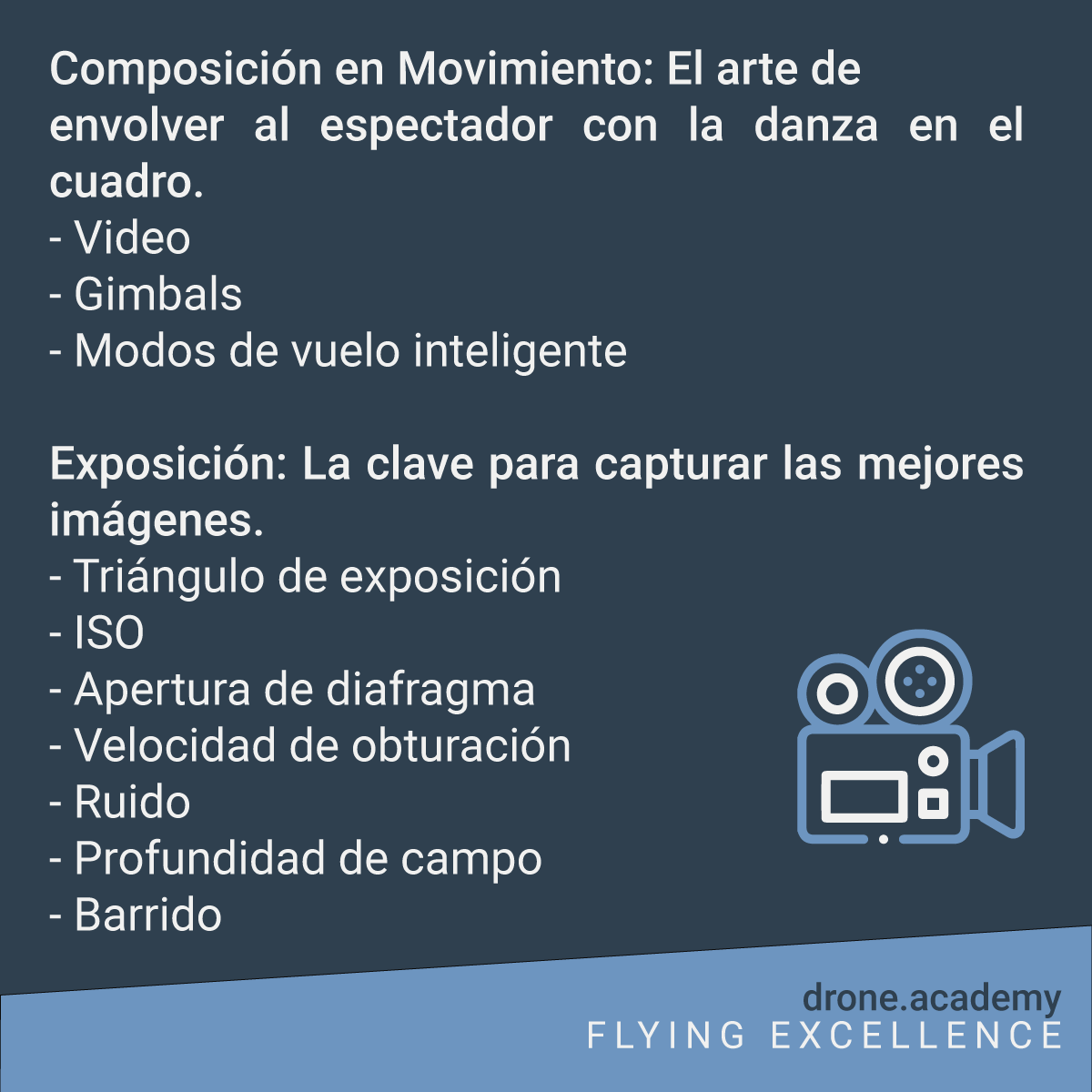 DronesAcademy's tweet photo. ¿Qué es lo que veremos en nuestro #Curso de #Fotografía y Video con #Drones? 📸🚁 - Primera parte. https://t.co/KuM9uGr83k
