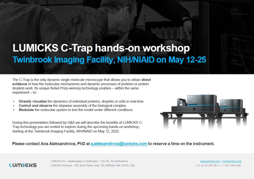 Please join us for an exciting single-molecule imaging and optical manipulation workshop showcasing LUMICKS C-Trap Dymo at NIH! Details below - contact me for the time on the instrument! #SingleMolecule #OpticalTweezers #DNA #RNA #Mechanobiology #Biophysics
- with <a href="/JLinSMBioPhy/">Jason Lin</a>