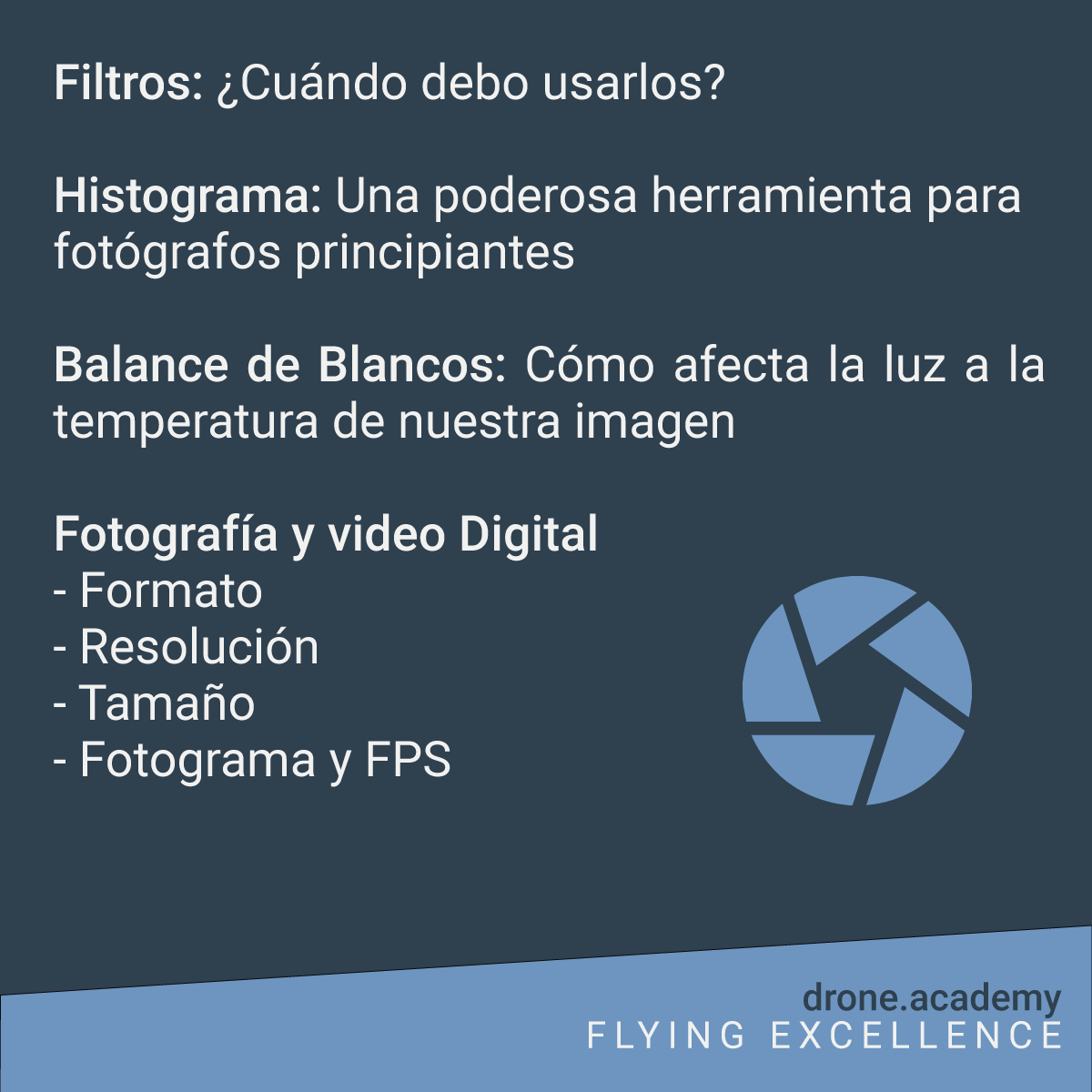 DronesAcademy's tweet photo. ¿Qué es lo que veremos en nuestro #Curso de #Fotografía y Video con #Drones? 📸🚁- Segunda parte 
No dudes en enviarnos mensaje directo para cualquier duda. https://t.co/TcWbzQk91k
