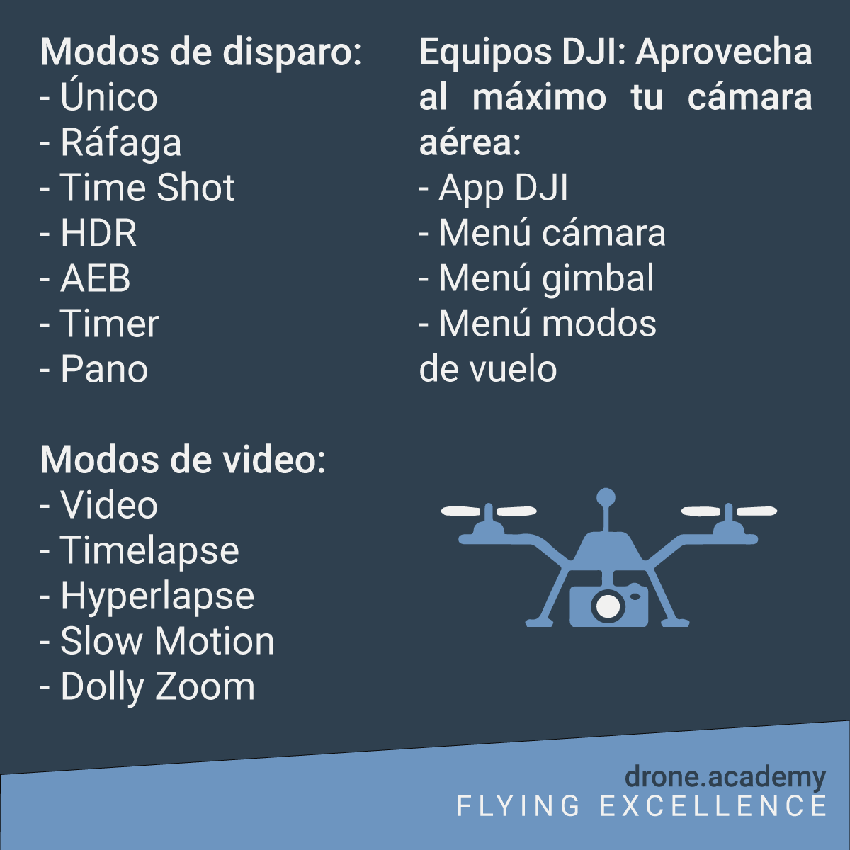 DronesAcademy's tweet photo. ¿Qué es lo que veremos en nuestro #Curso de #Fotografía y Video con #Drones? 📸🚁- Segunda parte 
No dudes en enviarnos mensaje directo para cualquier duda. https://t.co/TcWbzQk91k