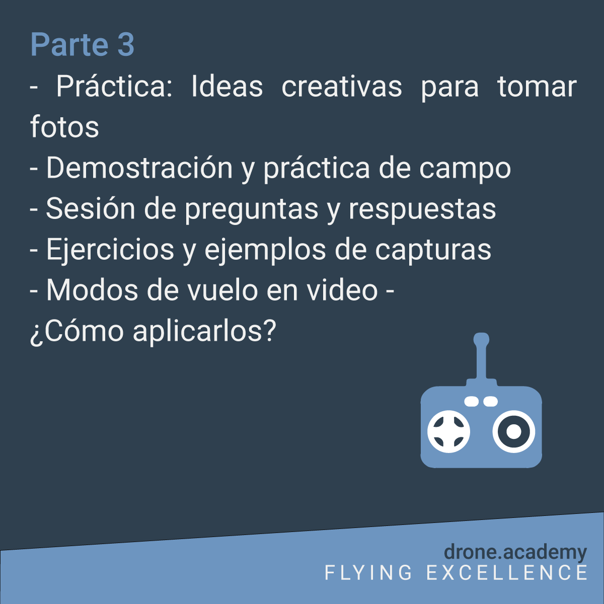DronesAcademy's tweet photo. ¿Qué es lo que veremos en nuestro #Curso de #Fotografía y Video con #Drones? 📸🚁- Segunda parte 
No dudes en enviarnos mensaje directo para cualquier duda. https://t.co/TcWbzQk91k