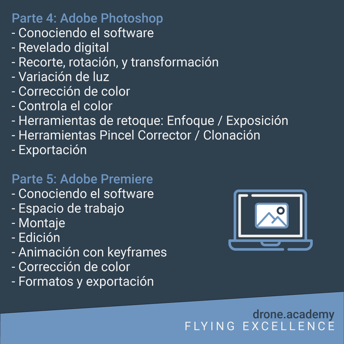 DronesAcademy's tweet photo. ¿Qué es lo que veremos en nuestro #Curso de #Fotografía y Video con #Drones? 📸🚁- Segunda parte 
No dudes en enviarnos mensaje directo para cualquier duda. https://t.co/TcWbzQk91k