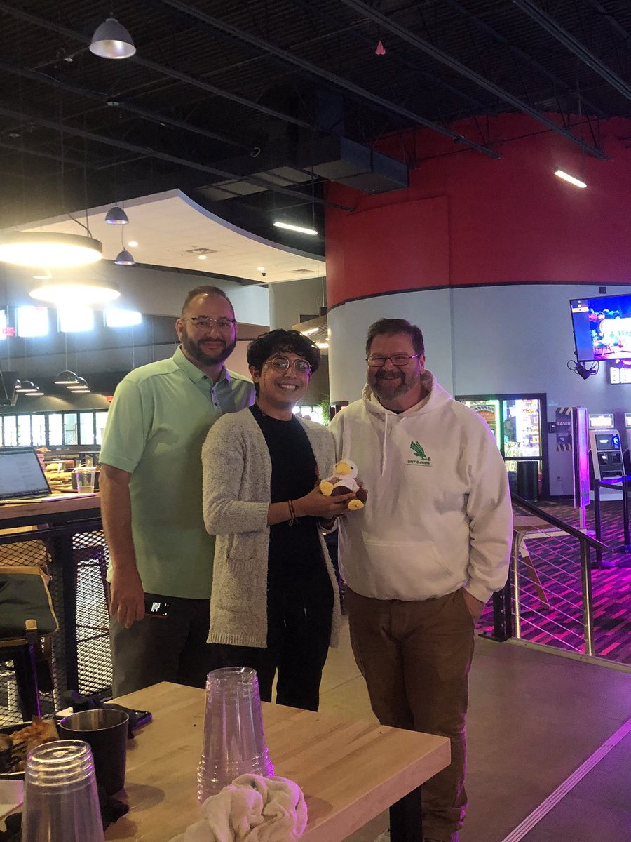 UNTDebate's tweet photo. We love a team get together!! To end the semester the team celebrated the season at #AndyBs. So proud of our coaches and students that put in hard work this semester. ππ€ https://t.co/K4RyRpNJle