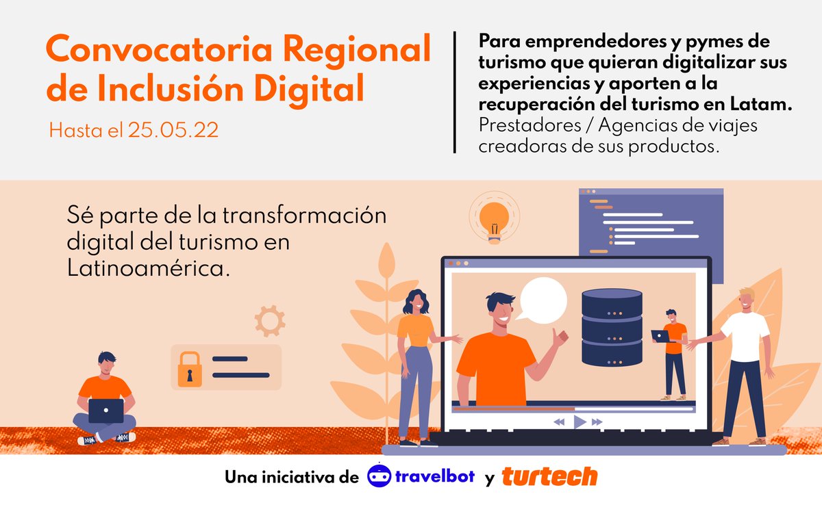 turtech_travel's tweet photo. ¡Convocatoria Regional de Inclusión Digital!
👉🏽Postula tu emprendimiento turístico en https://t.co/jrvKj8dGWZ
👉🏽Inscripción abierta hasta el 25 de mayo de 2022.
#Travel #Turtech #Travelbot #emprendimientos #Convocatoria https://t.co/wZNuXMbuyN